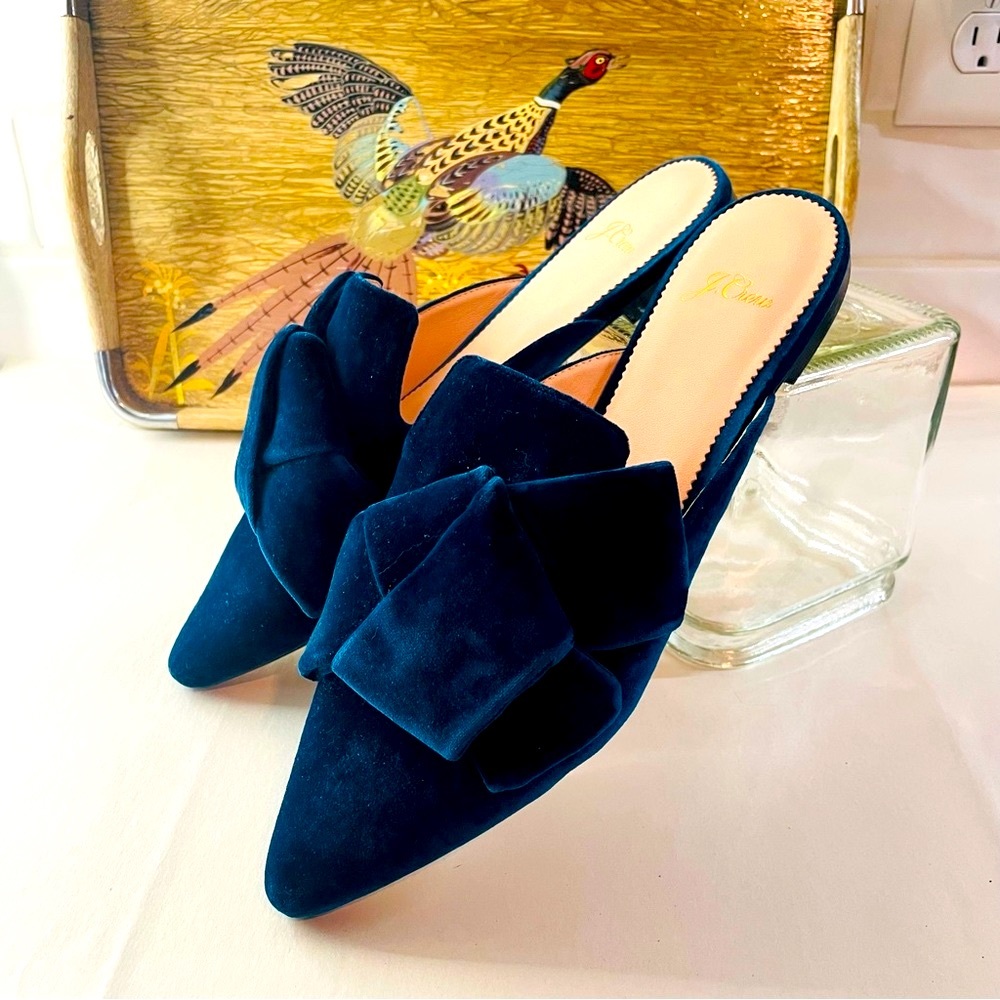 J. Crew teal/blue velvet mules with bow